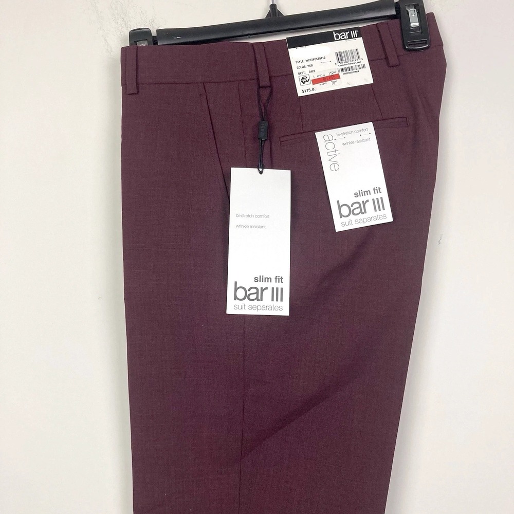 Bar III Mens Slim-fit Dress Pants 30Wx30L Wool Blend Red Solid E101502‎